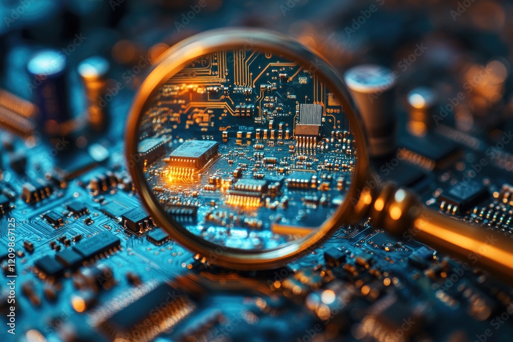 Poster a magnifying glass reveals intricate details of a circuit board, showcasing the complexity of modern