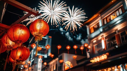 Dazzling Fireworks Lighting Up a Vibrant Chinese New Year in a Bustling City at Night