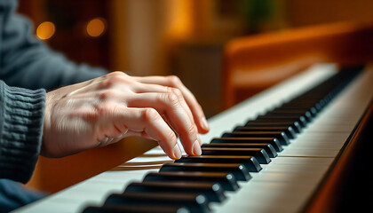 Fototapeta premium a hand playing a piano, with fingers positioned over the white and black keys, Close up of hands playing piano, created with generative ai