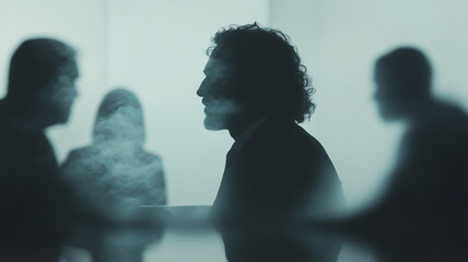 creative workplace meeting with silhouettes of professionals discussing ideas. atmosphere is dynamic and engaging, highlighting collaboration and innovation