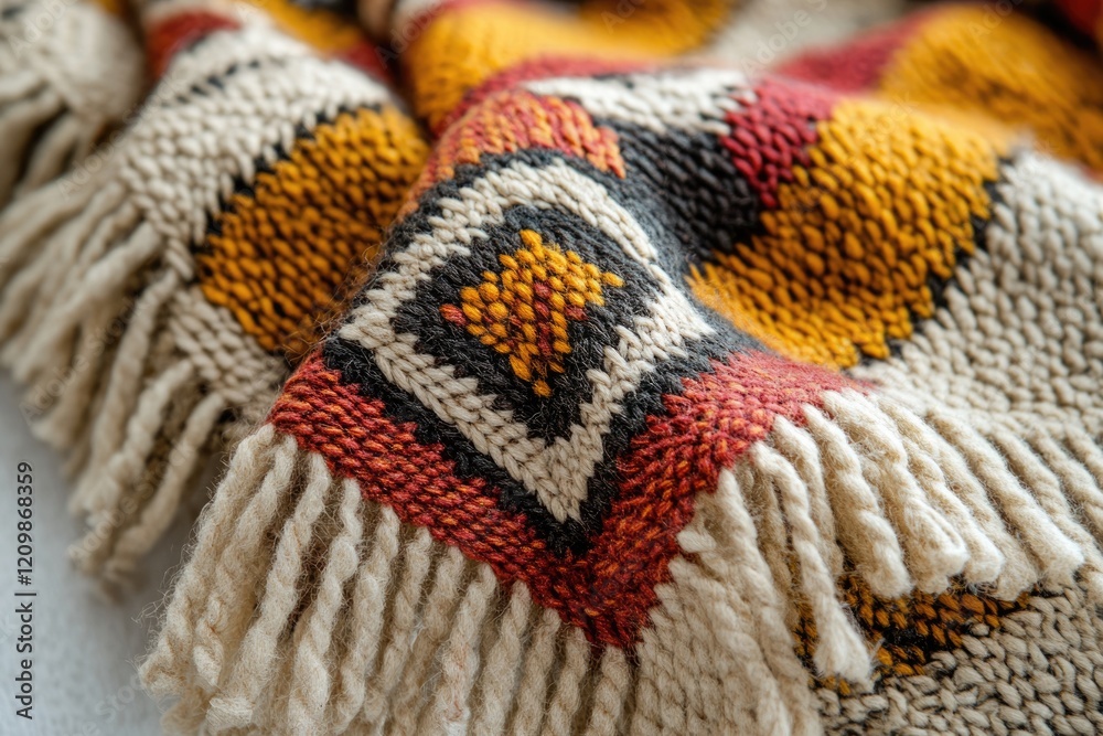 Poster close-up of a cozy, hand-knitted throw blanket with a geometric pattern and fringed edges.