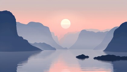 A serene landscape of a lake with mountains in the background, the sun setting behind them.