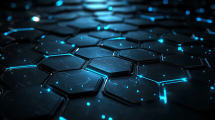 Fototapeta premium Futuristic Hexagonal Pattern with Blue Lights on Black Metallic Surface for Modern Designs