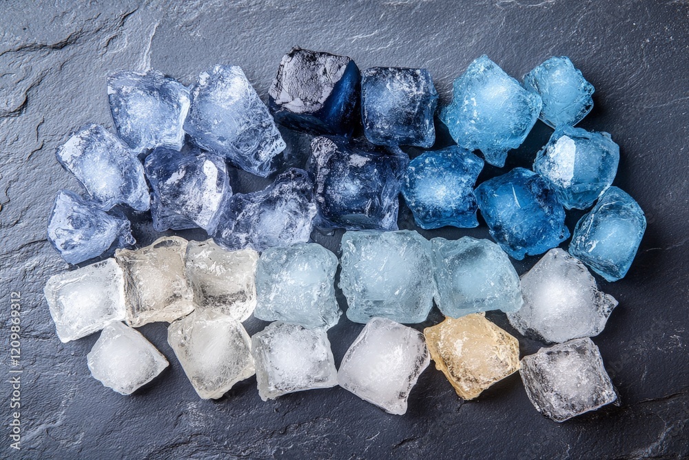 Aufkleber colorful ice cubes arranged on a dark slate surface showcasing various shades and textures