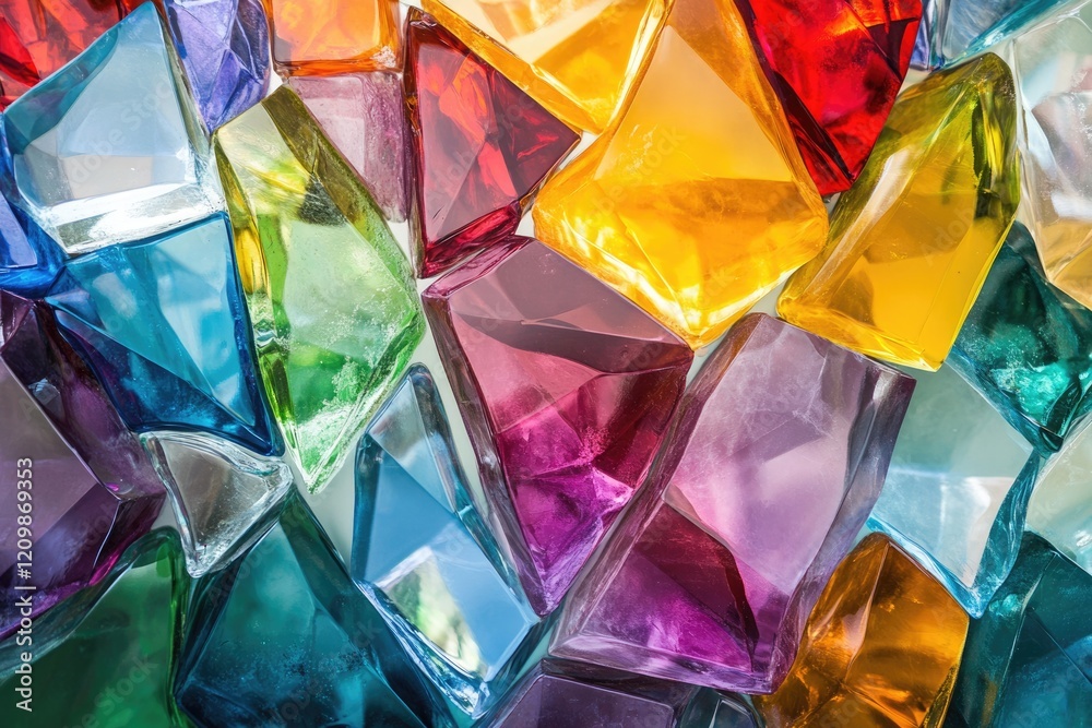 Poster a vibrant collection of colorful, faceted glass gems, showcasing a dazzling array of hues.