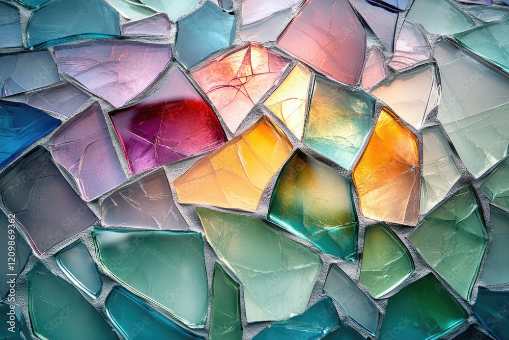 Poster a vibrant mosaic of multicolored glass pieces, arranged in an intricate pattern showcasing various s