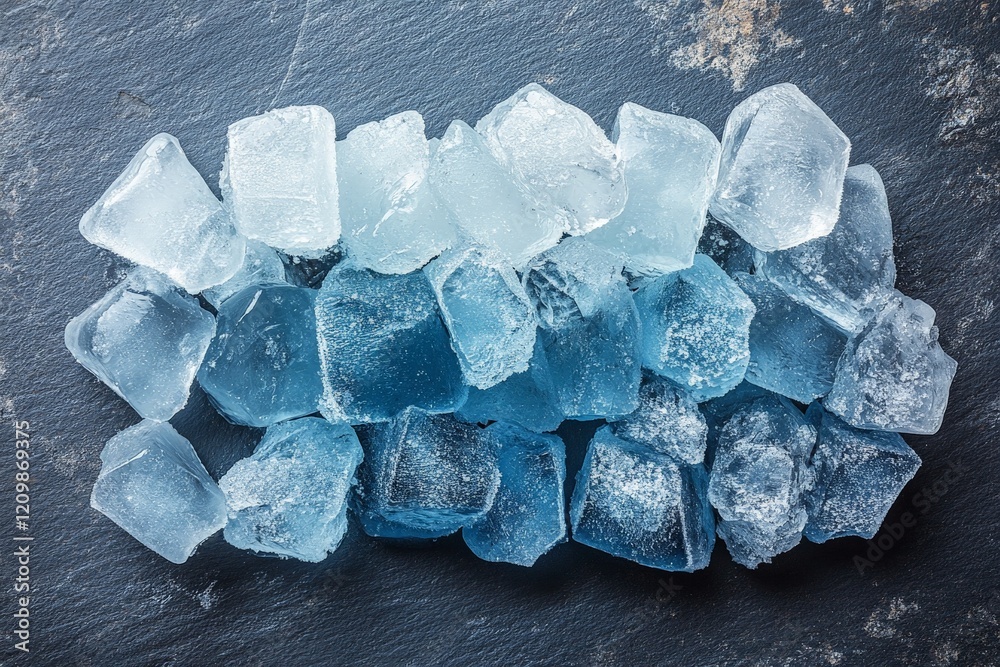 Poster crushed ice cubes in various shades arranged on a dark surface for culinary use