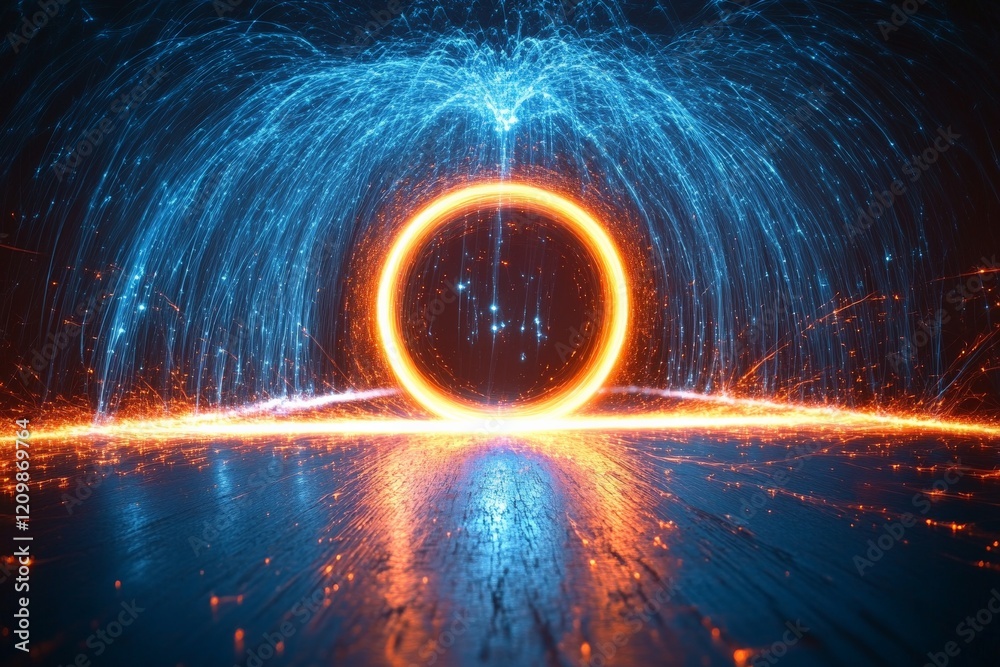Poster vibrant display of electric sparks and glowing circles illuminating a dark background