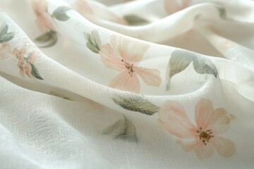 Delicate floral pattern on sheer fabric, soft peach and green hues create a romantic and elegant look.