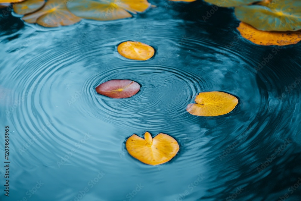 Poster Floating lily pads create patterns on a tranquil pond during a peaceful afternoon