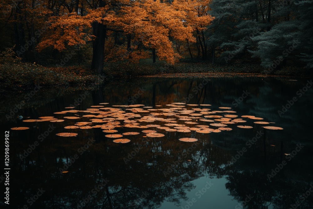 Poster autumn foliage reflecting on tranquil pond surrounded by trees in a serene forest landscape during l