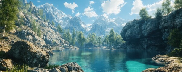 A scenic mountain landscape with a clear blue lake and rocky cliffs.