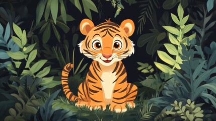 Cute Cartoon Tiger Surrounded by Lush Jungle Vegetation