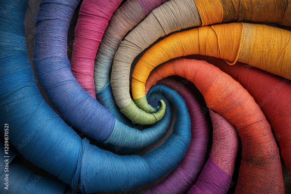 Poster colorful threads spiral in a vibrant arrangement showcasing various hues and textures in a creative 