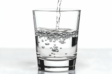 Water is being poured into a transparent glass, creating bubbles and ripples.