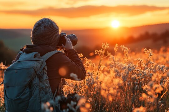 Person with a camera capturing sunset in a field of flowers during golden hour