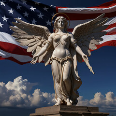 Obraz premium Majestic Angel Statue with American Flag Background