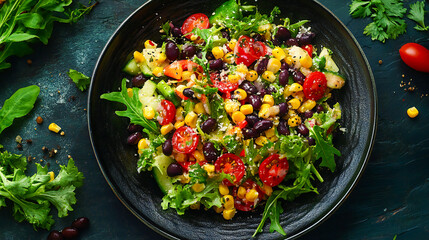 Image of a mouthwatering black beans and corn salad, featuring a medley of fresh vegetables, aromatic herbs, and a tangy lime dressing