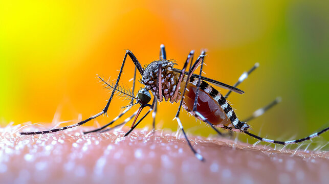 A close-up of an Aedes mosquito perched on human skin, with its proboscis clearly visible as it feeds.
