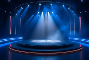 Stage lighting, dramatic blue illumination, empty circular platform, futuristic arena, spotlights,...