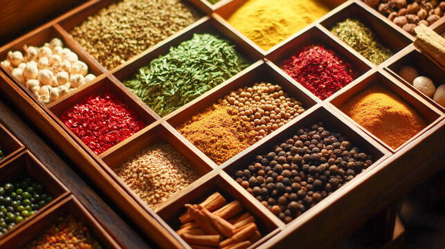 Indian spices used in Indian cooking sush as masala hot curry whole spices like turmeric. Top view of spices in boxes