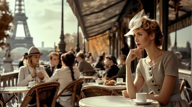 Elegant woman in vintage attire sitting at an outdoor Parisian caf&eacute;, sipping coffee and surrounded by classic wicker chairs, with the Eiffel Tower visible in the background.