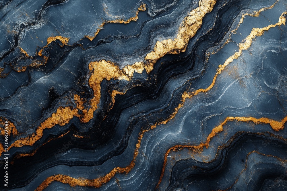 Poster Abstract blue and gold marble texture with fluid patterns and intricate details creating a sophisticated aesthetic