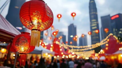 Vibrant Red Lanterns Illuminate the Lively Chinese Night Market Festival