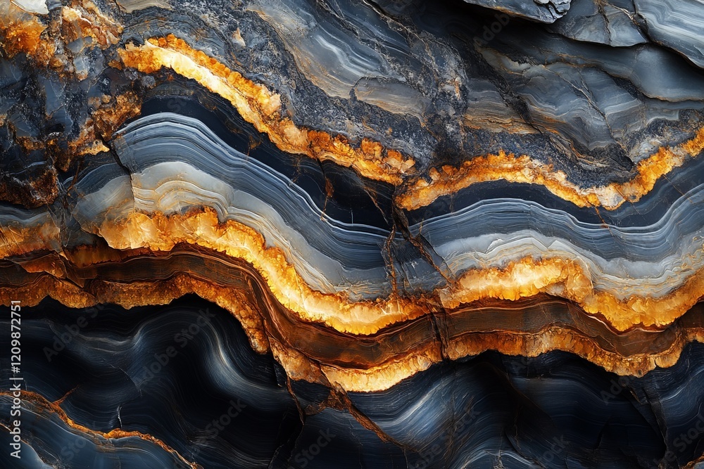 Poster striking patterns of agate stone showcasing intricate layers of blue and orange hues