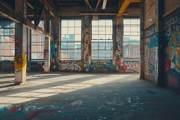 A large, empty room with graffiti on the walls and windows