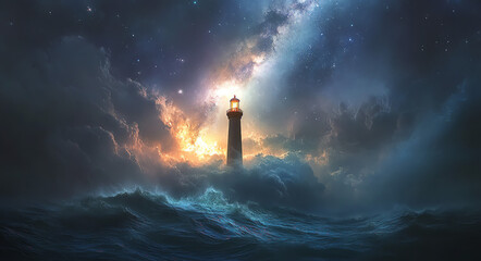 Majestic lighthouse illuminating the stormy sea under a starry sky with cosmic clouds