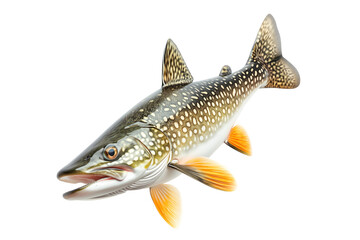 Detailed northern pike fish with spotted scales, fins and sharp jaw isolated on white transparent background, concept of aquatic life