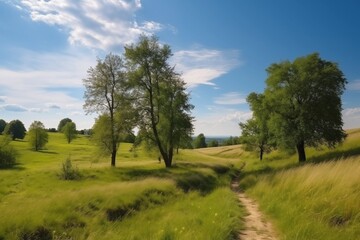Obraz premium Idyllic countryside landscape with green trees, grassy meadows, and a dirt path under blue sky