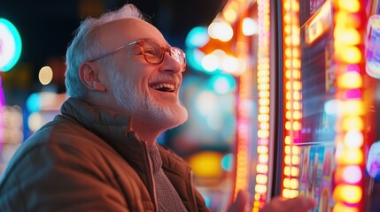 Joyful senior enjoys slot machines in vibrant night casino atmosphere