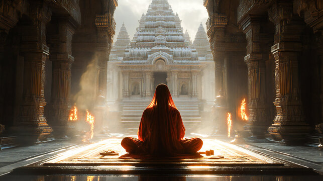 Hindu pujari praying in Hindu mandir during Mahabharata