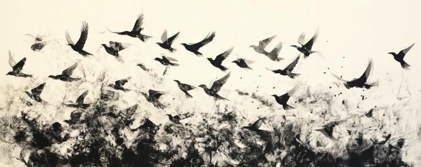 Fototapeta premium A flock of birds taking flight in unison, their wings creating a mesmerizing pattern against the sky.