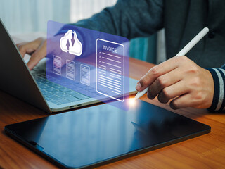 Digital online e-invoice concept, e-tax invoice documents on the Internet online, fast and convenient connection to customers and business people.