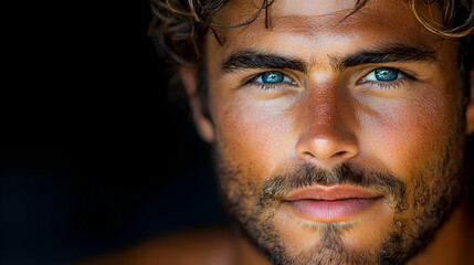 Obraz premium A young man with tousled hair and intense blue eyes gazes directly at the viewer.