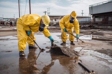 Workers in yellow hazmat suits cleaning contaminated ground in an industrial environment with safety equipment