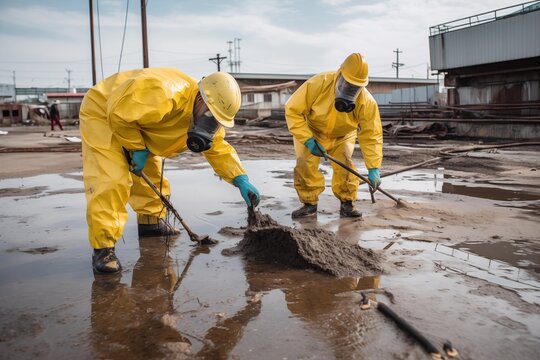 Workers in yellow hazmat suits cleaning contaminated ground in an industrial environment with safety equipment