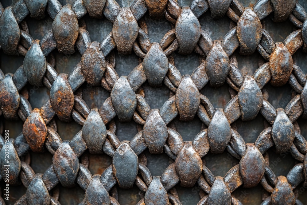 Aufkleber Detailed close-up of intricate metal chain link pattern showing rust and wear in an industrial setting