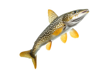 Naklejka premium Detailed northern pike fish with spotted scales, fins and sharp jaw isolated on white transparent background, concept of aquatic life