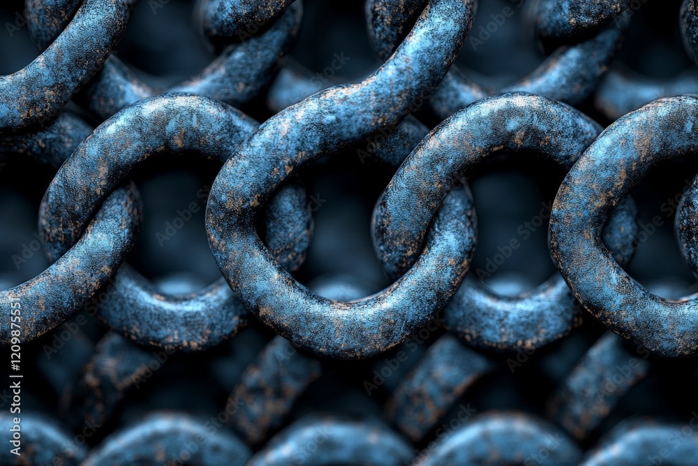 Aufkleber close-up view of blue metal chains highlighting their texture and intricate links in industrial sett