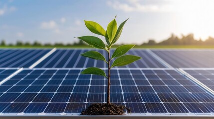 Fototapeta premium Young plant growing on solar panels, sustainable energy, field background
