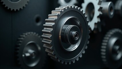 Close-up of interlocking gears in motion against dark background highlighting industrial precision
