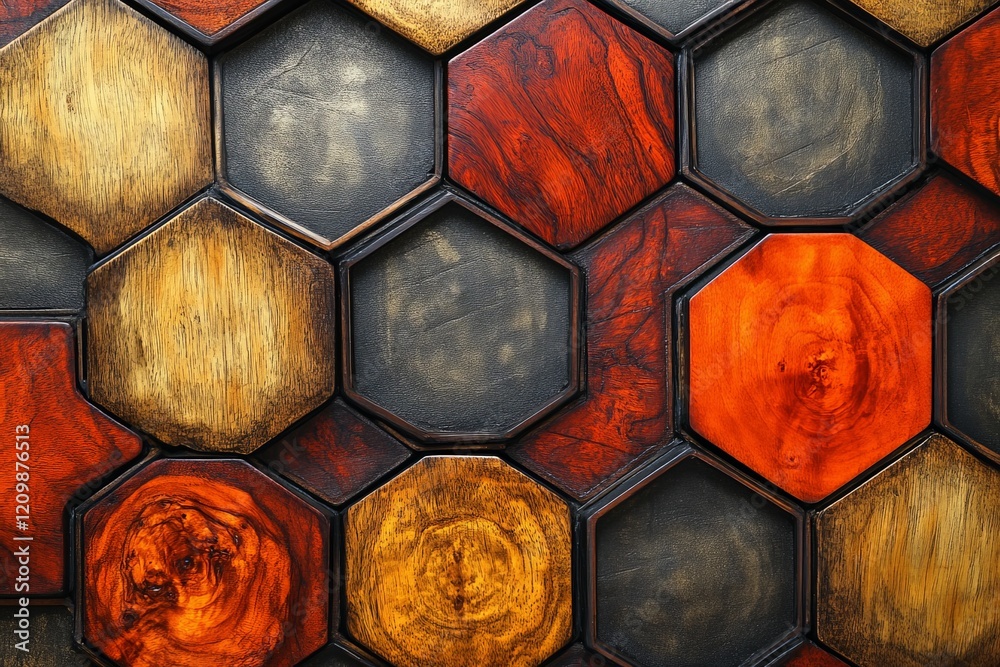Poster beautifully designed hexagonal wood pattern showcasing rich textures and warm colors in a modern int