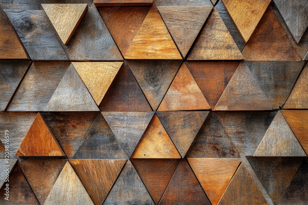 Aufkleber Wooden triangular patterns create a rustic and textured wall design showcasing various shades of brown
