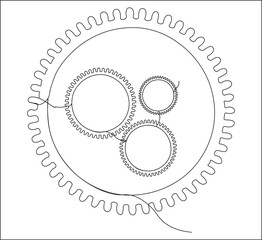 One continuous line drawing of gears machine work. single line of teamwork concept drawing.  gears moving illustration. editable stroke