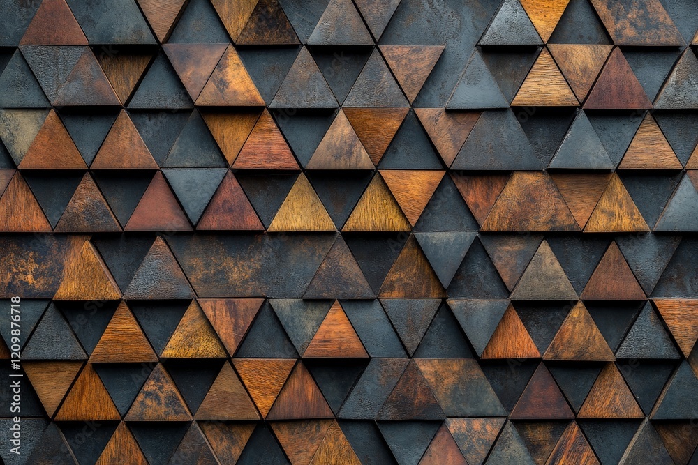 Aufkleber geometric wall design featuring a variety of triangular wooden and metal patterns in earthy tones