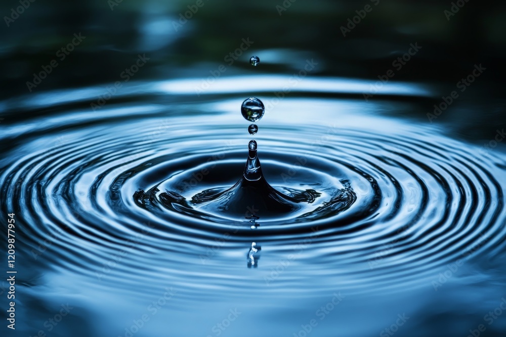 Poster water droplet creating ripples in a calm blue surface during a serene moment in nature